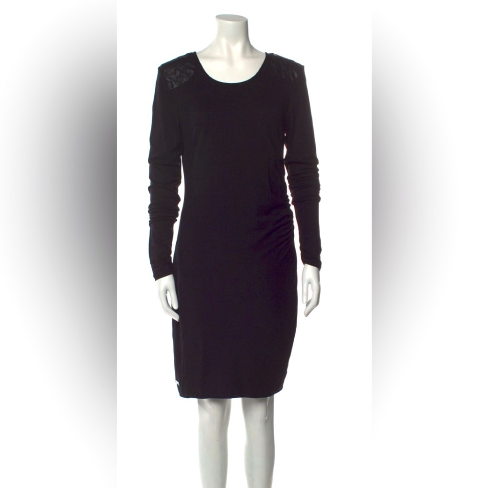 BARBOUR Shift Dress with black leather inlays, scoop neck, long sleeves